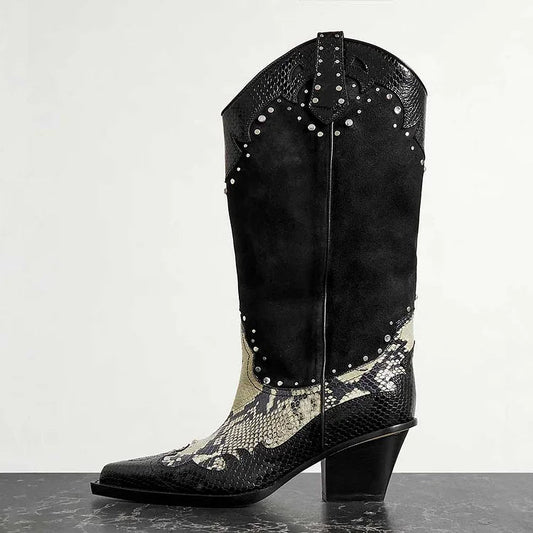 Black Cowboy Boots with Silver Studs and Snakeskin Texture - LiveTrendsX