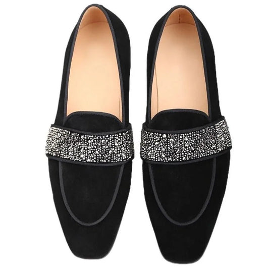 Black Men Velvet Loafers Luxury Rhinestone Shoes Handmade Slip On Dress Shoes - LiveTrendsX