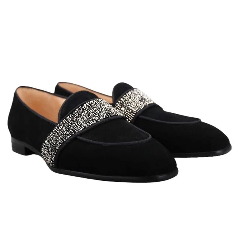 Black Men Velvet Loafers Luxury Rhinestone Shoes Handmade Slip On Dress Shoes - LiveTrendsX