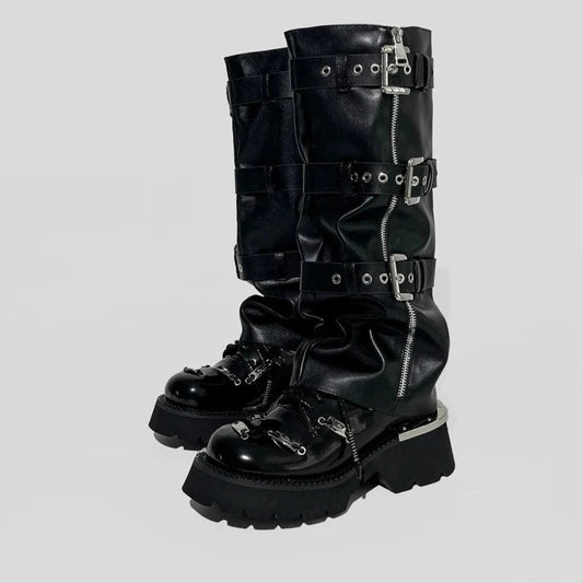 Black Microfiber Leather Punk Style Knee High Boots Round Toe Women Shoes - LiveTrendsX