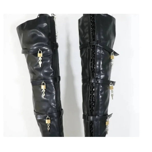 Black Over Knee High Lock Decor Boots Thin High Heel Lace Up Cool Woman Shoes - LiveTrendsX