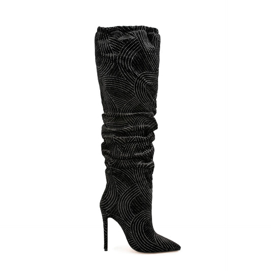 Black Slouch Boots with Silver Geometric Pattern and Stiletto Heel - LiveTrendsX