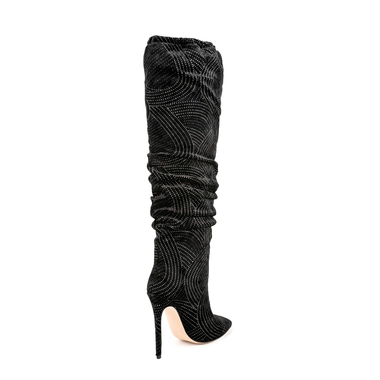 Black Slouch Boots with Silver Geometric Pattern and Stiletto Heel - LiveTrendsX