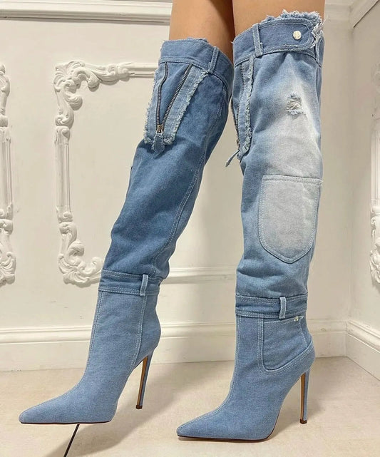 Blue Denim Knee - High Boots with Sequin and Mosaic Details - LiveTrendsX