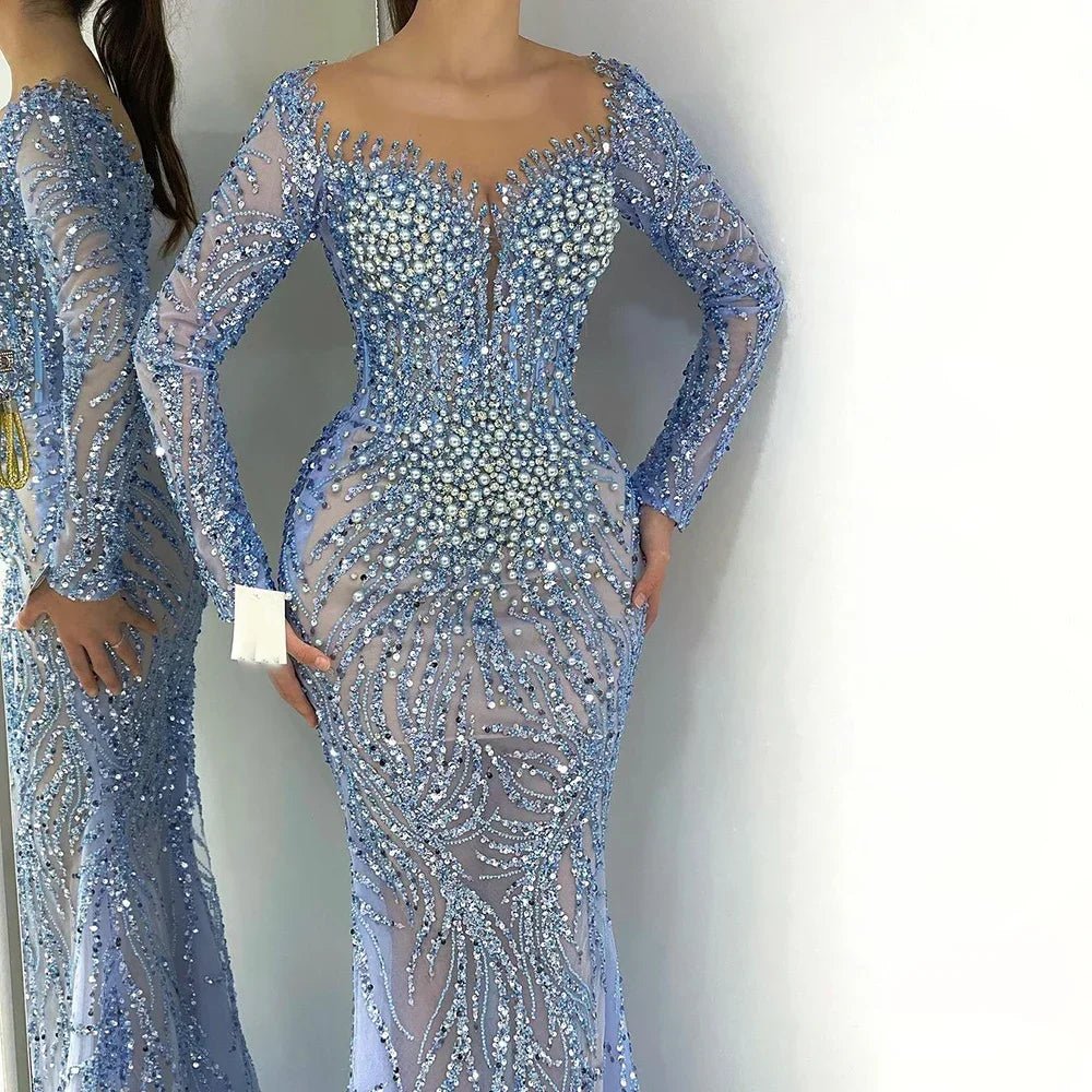 Blue Elegant Mermaid Evening Dress Luxurious Pearl Beaded Gown LiveTrendsX Blue Elegant Mermaid Evening Dress Luxurious Pearl Beaded Gown LiveTrendsX