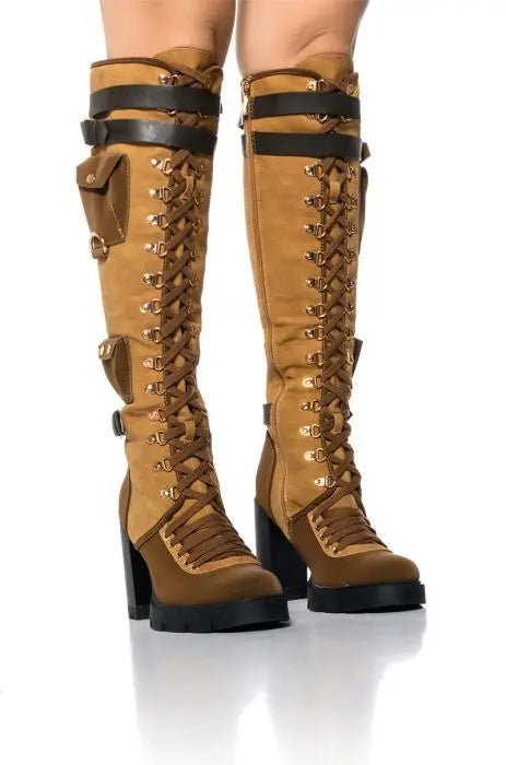 Brown Knee - High Boots with Straps and Gold Buckle Accents - LiveTrendsX