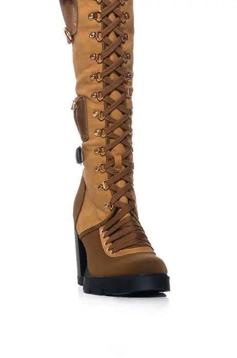 Brown Knee - High Boots with Straps and Gold Buckle Accents - LiveTrendsX