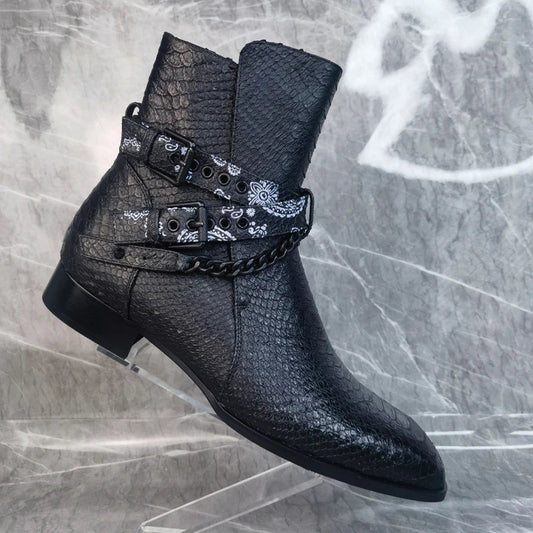 Buckle Strap Men's Leather Ankle Boots Crocodile Chain Print Black Shoes - LiveTrendsX