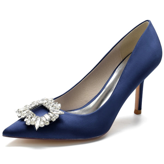 Classic Satin Pointed Toe Pumps with Crystal Brooch - LiveTrendsX