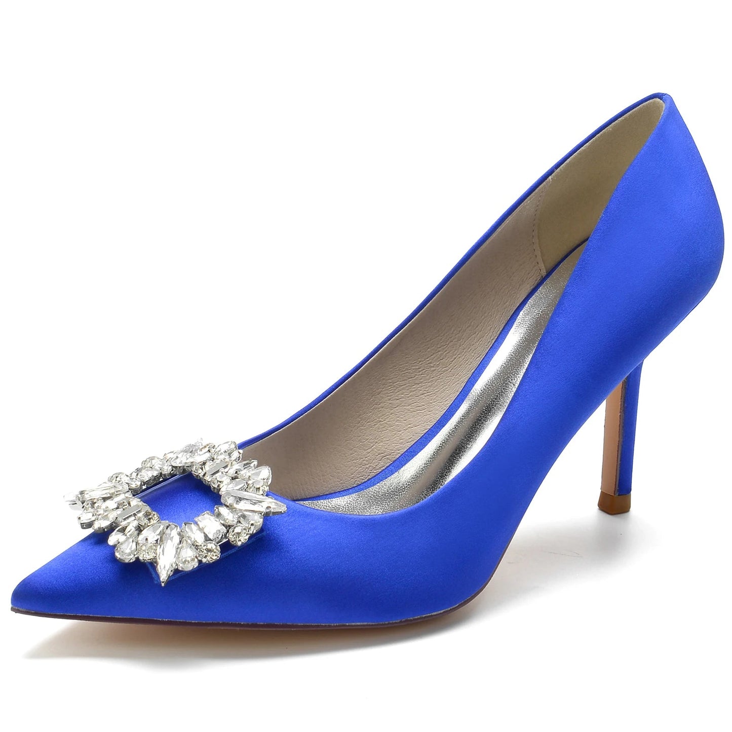 Classic Satin Pointed Toe Pumps with Crystal Brooch - LiveTrendsX