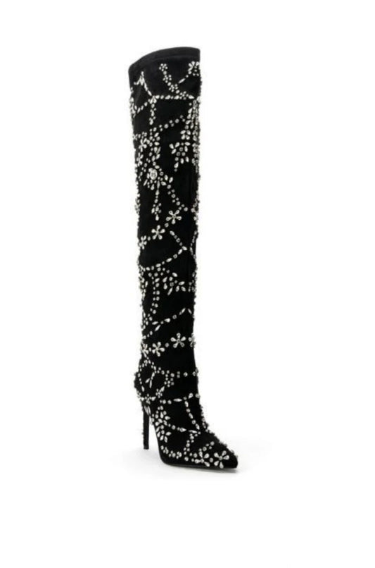 Crystal Embellished Black Stiletto High Heels Over knee Elasticity Boots Women Shoes - LiveTrendsX