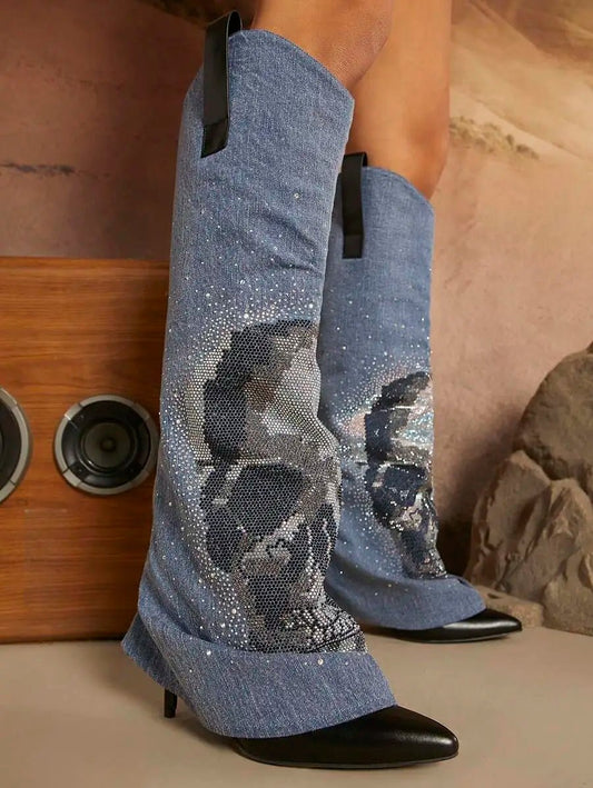 Denim Thigh - High Boots with Crystal - LiveTrendsX