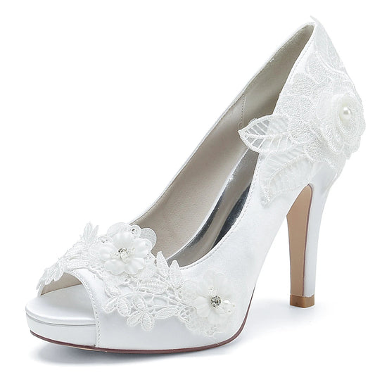 Elegant Satin Lace Flower Platform High Heels for Wedding - LiveTrendsX