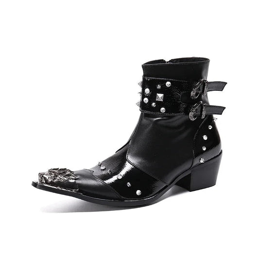 Fashion Punk Rivets Men Genuine Leather Boots Metal Pointed Toe Motorcycle Boots - LiveTrendsX