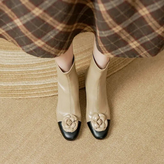 Flower Design Elastic Material Genuine Leather High Heel Women Boots - LiveTrendsX