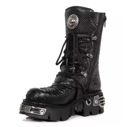 Genuine Leather Mid - Calf Motorcycle Boots Pattern Lace Up Round Toe Platform - LiveTrendsX