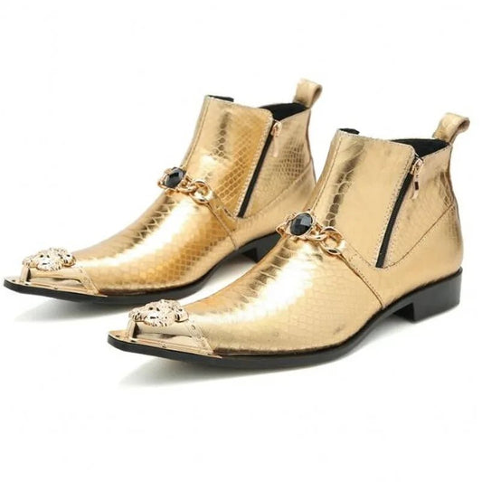 Gold Metal Toe Ankle Boots for Men Genuine Leather Winter Ridding Boots - LiveTrendsX