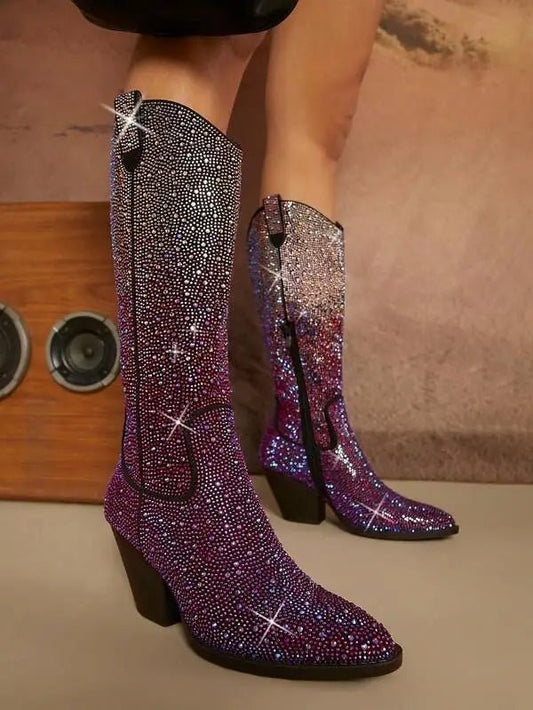 Gradient Crystal - Embellished Knee - High Boots with Block Heel - LiveTrendsX