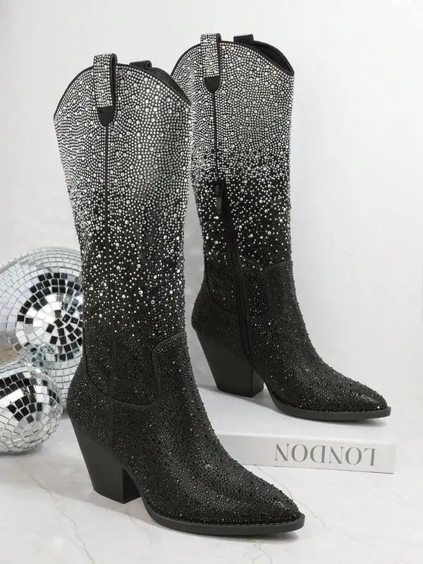 Gradient Crystal - Embellished Knee - High Boots with Block Heel - LiveTrendsX