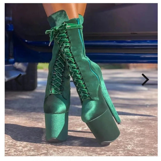 Green Flock Lace Up Boots Mid Calf Thin High Heel Cool Fashion Sexy Woman Shoes - LiveTrendsX
