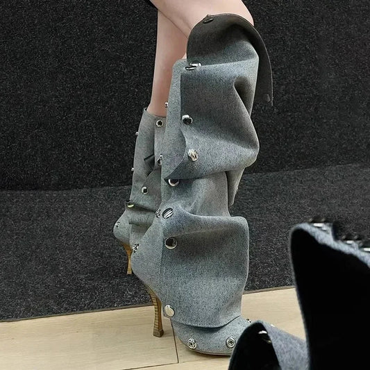 High Heel Long Boots for Women Thin Heeled Pointed Denim Boots Metal Button Shoes - LiveTrendsX