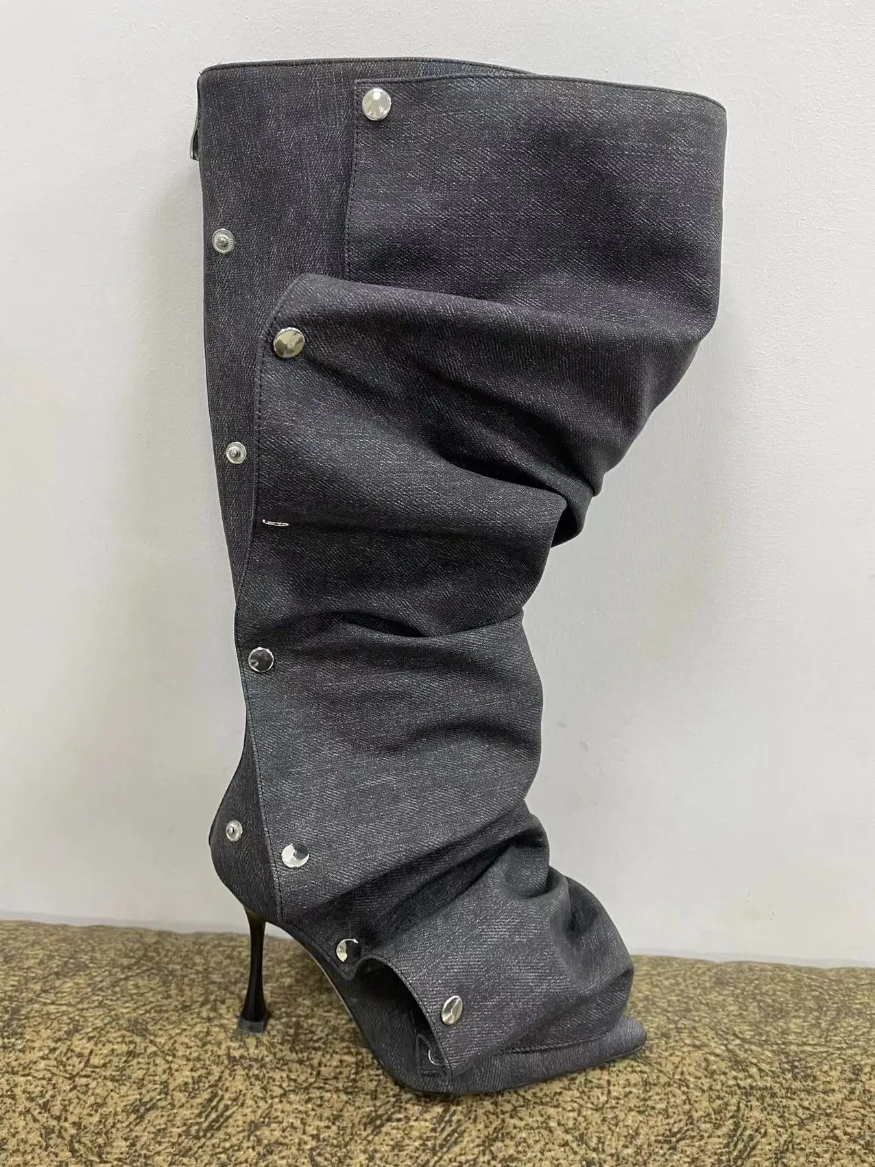 High Heel Long Boots for Women Thin Heeled Pointed Denim Boots Metal Button Shoes - LiveTrendsX