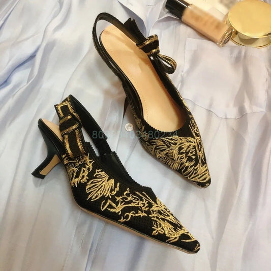 Lace Embroidery Sandals Elegant Lady Shoes Slingback Bow Straps Pointed Toe - LiveTrendsX