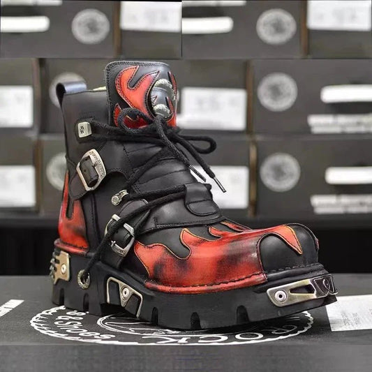 Lace Up Metal Genuine Leather Men Mid - calf Boot Round Toe Motorcycle Boots - LiveTrendsX