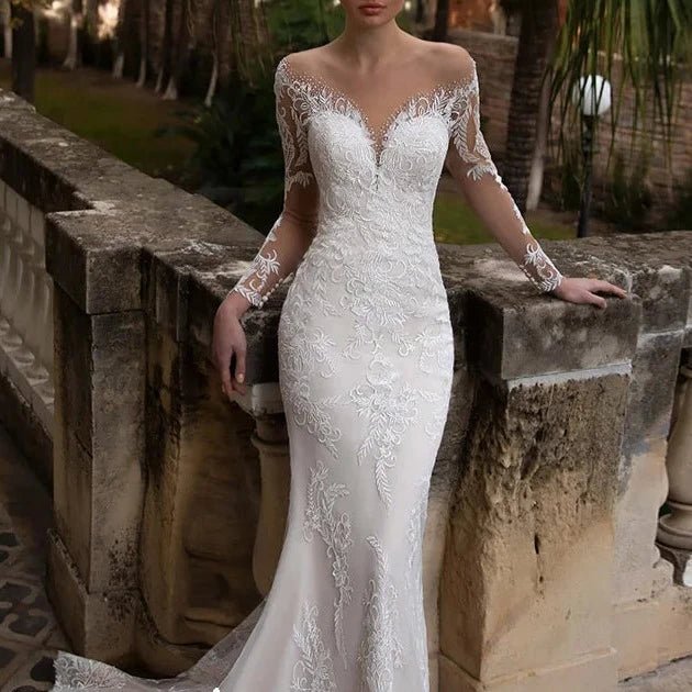Long Sleeve Beading Sequins Lace Two Pieces Mermaid Wedding Dress - LiveTrendsX