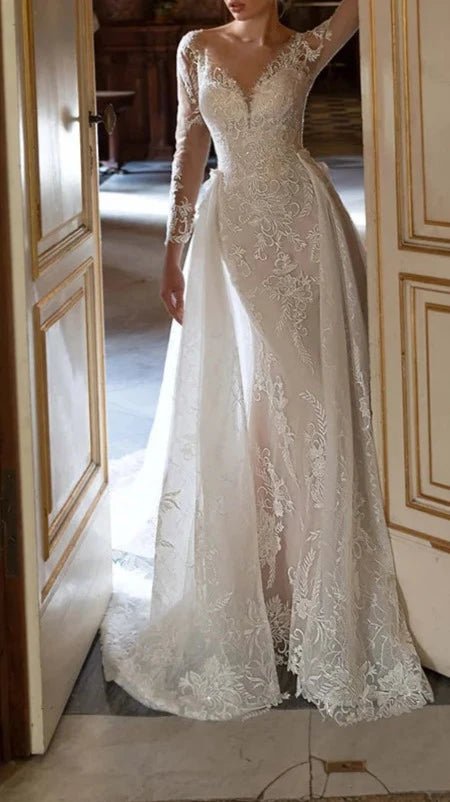 Long Sleeve Beading Sequins Lace Two Pieces Mermaid Wedding Dress - LiveTrendsX