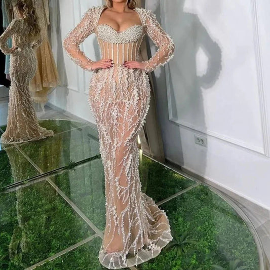 Luxury Nude Beaded Mermaid Evening Dress Long Sleeve Gown for Women - LiveTrendsX