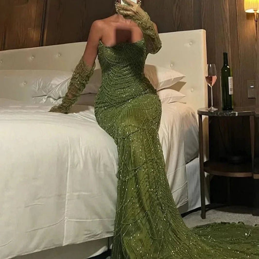 Luxury Olive Green Beaded Mermaid Evening Dress For Women Party Gown - LiveTrendsX