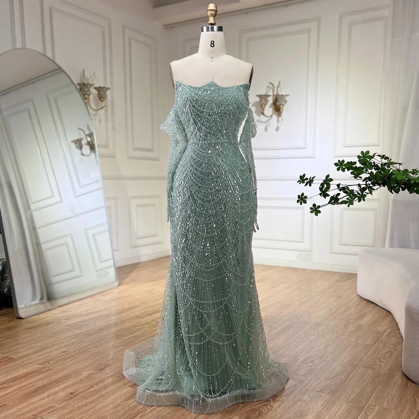 Luxury Olive Green Beaded Mermaid Evening Dress For Women Party Gown - LiveTrendsX