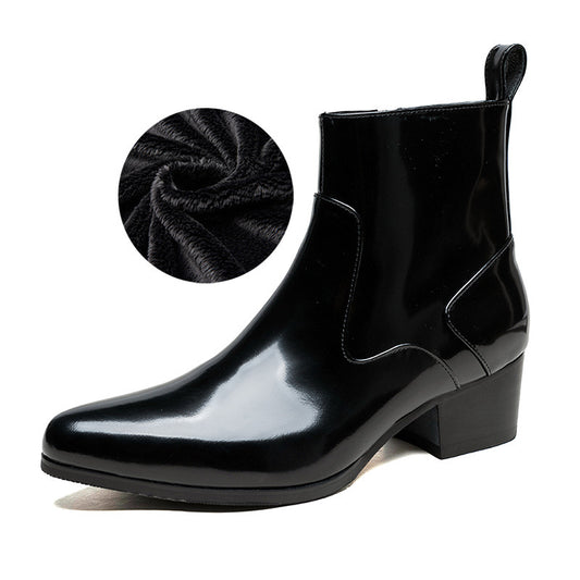 Men's high heels pointed toe suede warm work ankle boots