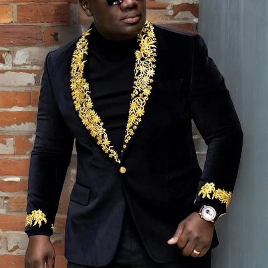 Men's Black Suit Jacket with Gold Embroidery - LiveTrendsX