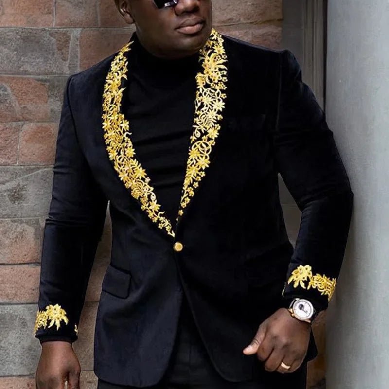 Men's Black Suit Jacket with Gold Embroidery - LiveTrendsX