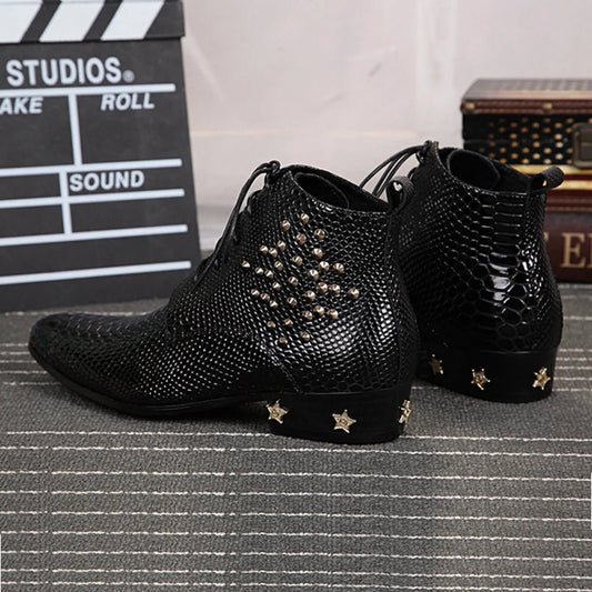 Men's boots Rivet Lace - up High quality Bright leather Pointed Boots - LiveTrendsX