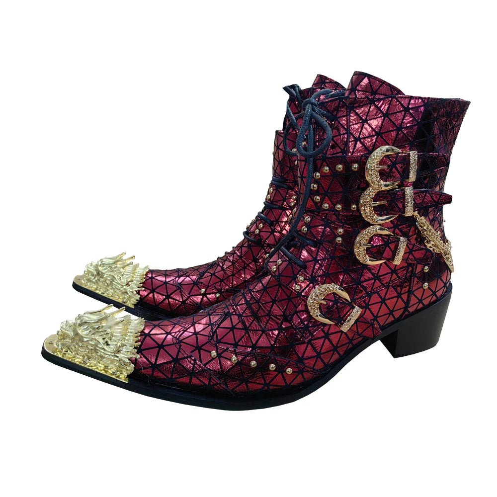 Men's Customized Cowhide Boots Spike Decoration Rivet Triangle Pattern - LiveTrendsX