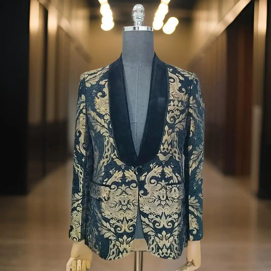 Men's Deep Blue Velvet Jacket with Gold Embellished Patterns - LiveTrendsX