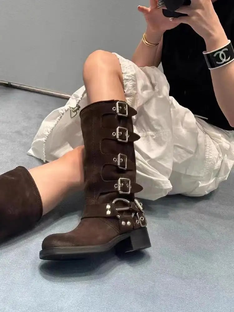 Metal Buckle Round Toe Chunky Heel Mid - Calf Woman Retro Boots - LiveTrendsX