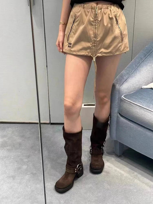 Metal Buckle Round Toe Chunky Heel Mid - Calf Woman Retro Boots - LiveTrendsX