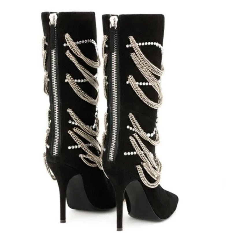 Metallic Chains Crystal Stiletto Heels Knee High Boots Women Party Shoes - LiveTrendsX