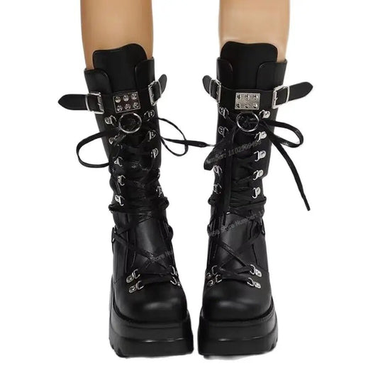 Mid Calf Boots Metal Buckle Decor Round Toe Shoes for Women Wedges Heels - LiveTrendsX