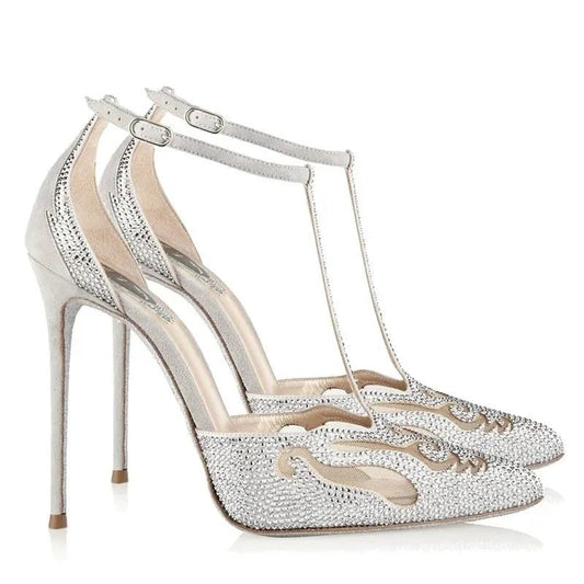 New Silver Hollow Pointy Shoes Sexy High Heel T - Strap Pumps For Women - LiveTrendsX
