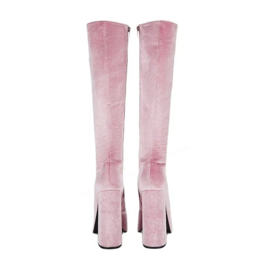 Pink Suede Knee High Boots Cross Tied Hollow Out Round Toe Shoes for Women - LiveTrendsX