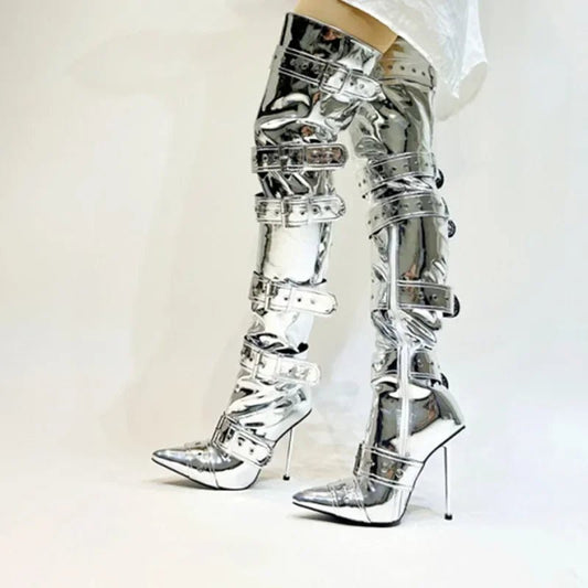 Pointed Buckle with Rivet Thin High Heel Over Knee Boots Sexy Women's 43 Large Boots - LiveTrendsX