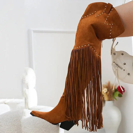 Pointed Toe Tassel Thigh High Boots Classic Block Heel Studded Cowboy - LiveTrendsX