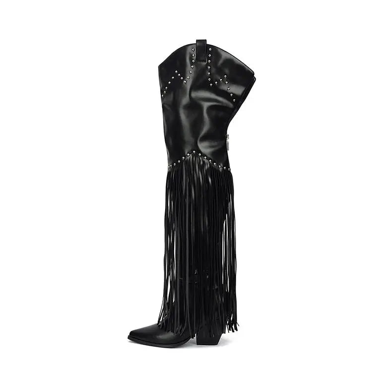 Pointed Toe Tassel Thigh High Boots Classic Block Heel Studded Cowboy - LiveTrendsX