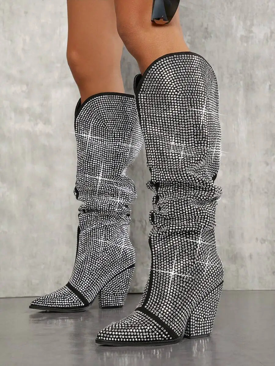 Rhinestone - Embellished Slouchy Knee - High Women Boots - LiveTrendsX