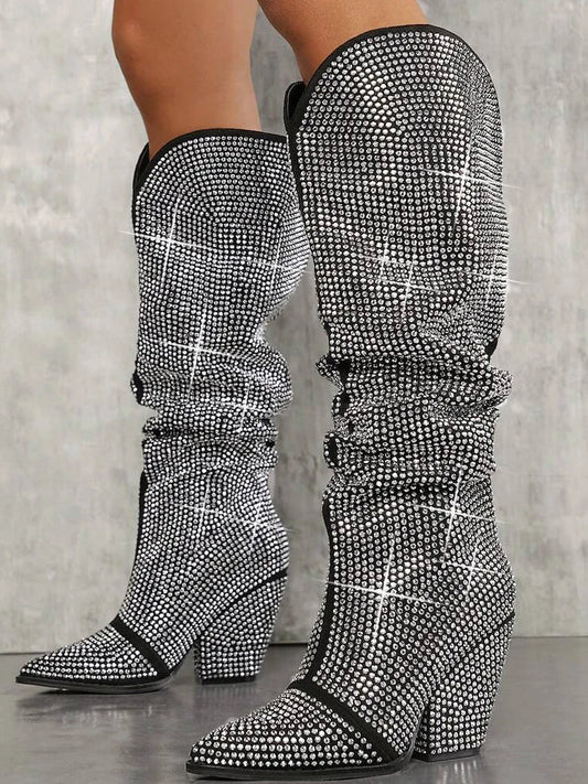 Rhinestone - Embellished Slouchy Knee - High Women Boots - LiveTrendsX
